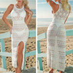 2025 Womens Sexy Backless Side Slit Bikini Beach Maxi Dress Halter Hollow Swimsuit Coverup Crochet Cover Ups Swimwear 1 Piece
