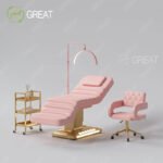 Modern pink Leather Gold Base Beauty Salon Bed 3 Motor Electric Facial Spa Cosmetic Bed with Led Lights and Foot Control