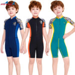 Front Chest Zip One Piece Kids Swimwear Short Sleeve Surf Swimsuit Boys Diving Swimming Suit With Rash Guard