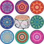 Absorbing Stone Mandala Coasters with Cork Base and Metal Holder for Home Office Table, Bar Decor, Perfect for Gift