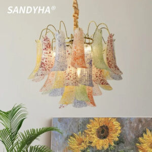 SANDYHA Nordic Court Chandelier Colored Glass Chandelier LED Hanging Lamp for Bedroom Living Room Villa Home Decor Pendant Light