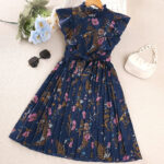 Summer Girls Knee Length Skirt Polyester Lace Big Flutter Sleeves Pleated With Floral Pleats A-line Belt Dress Comfortable